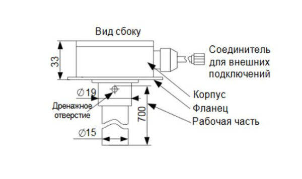 Габаритные размеры аналогового датчика уровня топлива ДУ-04 - вид сбоку